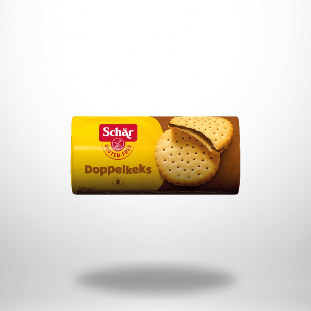 Glutenfreier Schär Sorrisi Doppelkeks mit zwei knusprigen Mürbeteig-Keksen und 39 % cremiger Kakaocreme. Ohne gehärtete Fette – der klassische Schoko-Sandwich, perfekt für bewusste Genießer.
