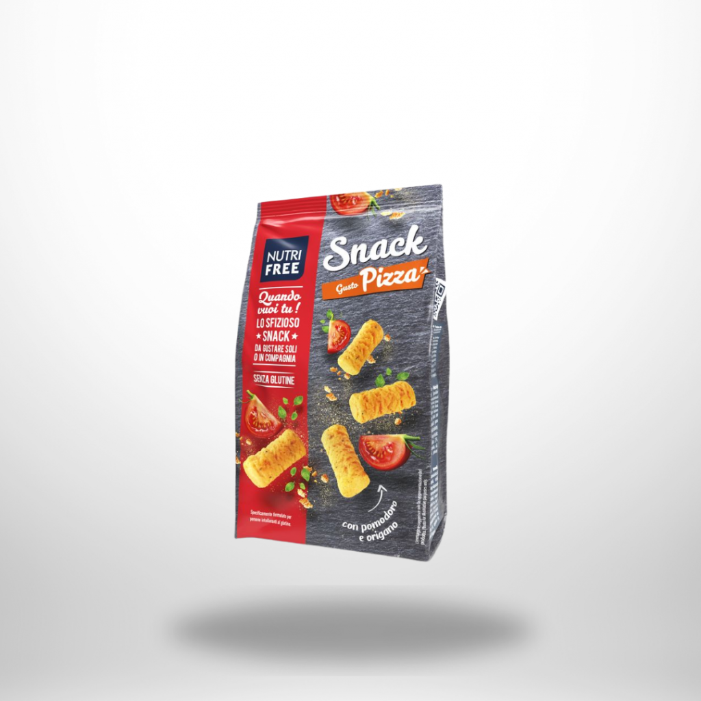 Anthrazit-roter 100-g-Beutel „Nutrifree Snack gusto Pizza“ mit goldenen Spiralen, Tomatenscheiben und Oregano-Blättern; glutenfrei-Logo sichtbar.