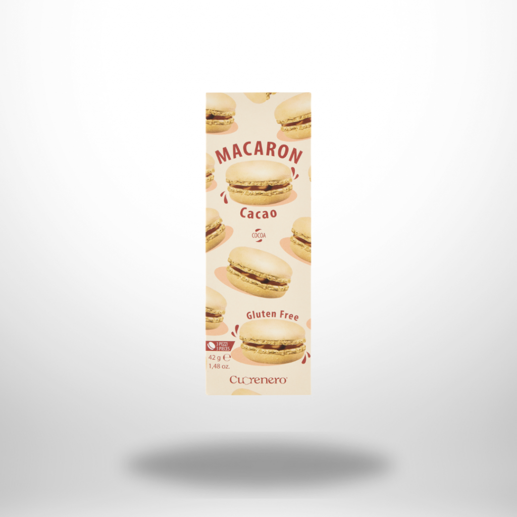 Verpackung der Cuorenero Macaron Cacao (42 g, 3 Stück) mit Glanz-Schriftzug und Abbildung von Makaronen – glutenfrei.
