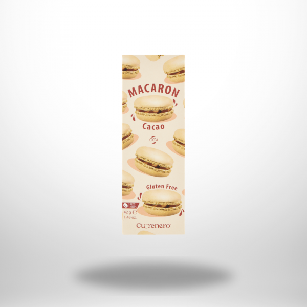 Verpackung der Cuorenero Macaron Cacao (42 g, 3 Stück) mit Glanz-Schriftzug und Abbildung von Makaronen – glutenfrei.
