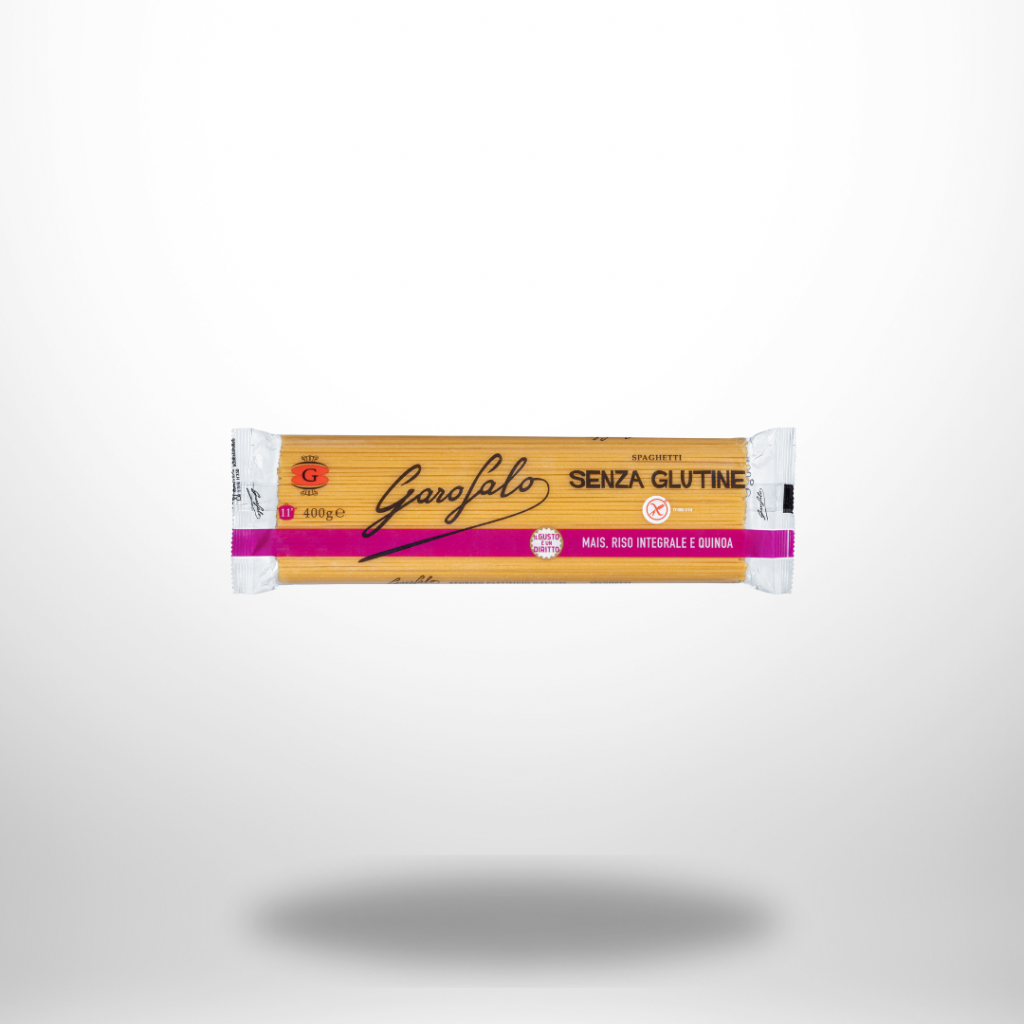 Packung Garofalo glutenfreie Spaghetti (400 g) aus Mais-, Reis- und Quinoamehl mit „senza glutine“-Kennzeichnung.