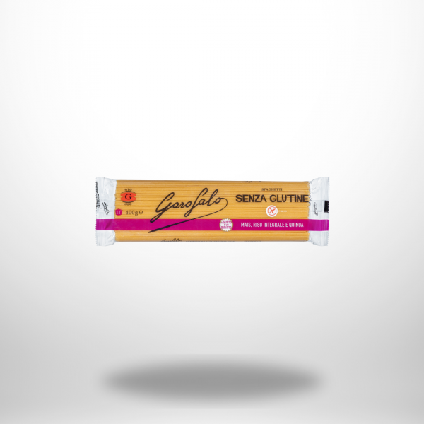 Packung Garofalo glutenfreie Spaghetti (400 g) aus Mais-, Reis- und Quinoamehl mit „senza glutine“-Kennzeichnung.