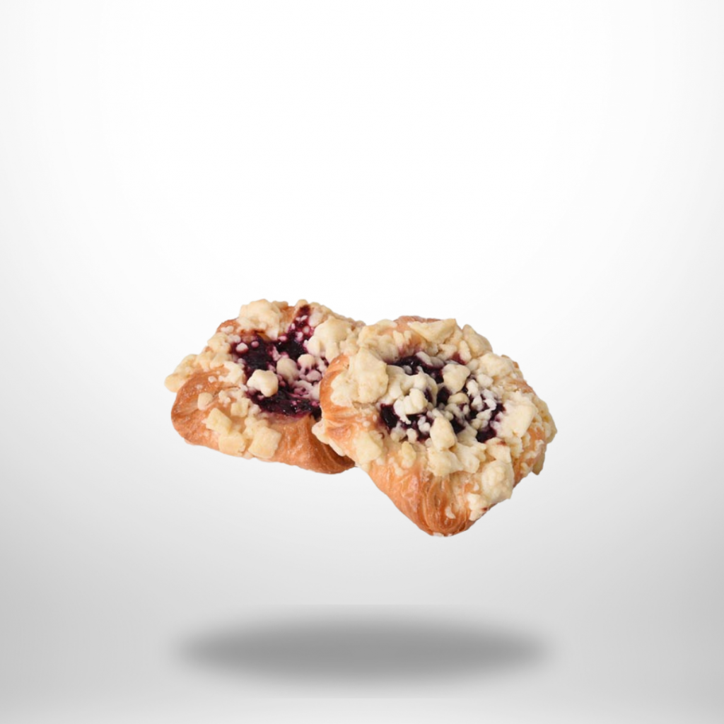 Zwei glutenfreie Kirsch-Plunder mit Streuseln und dunkler Kirschfüllung (220 g).