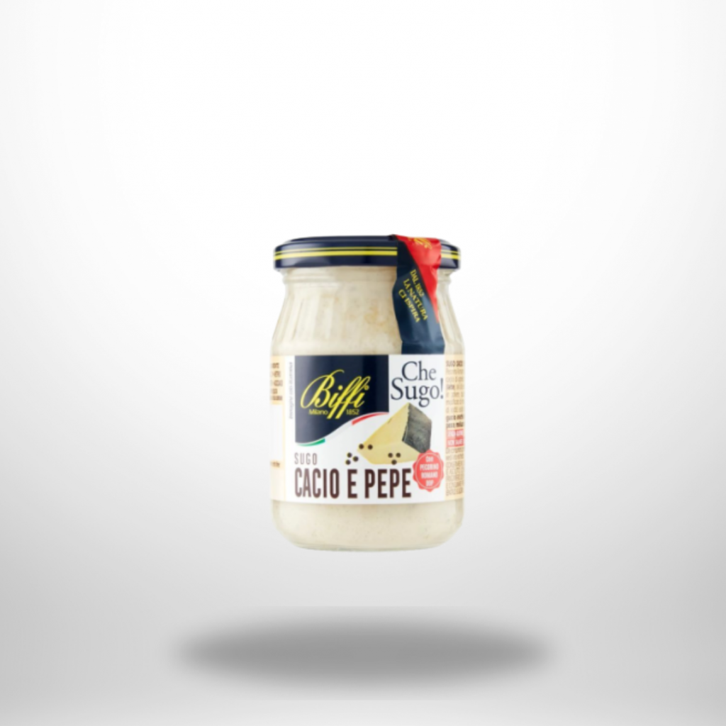Glas Biffi Cacio e Pepe Sauce (190 g) mit Bild von Pecorino‑Käse und Pfeffer – glutenfrei und italienisch.