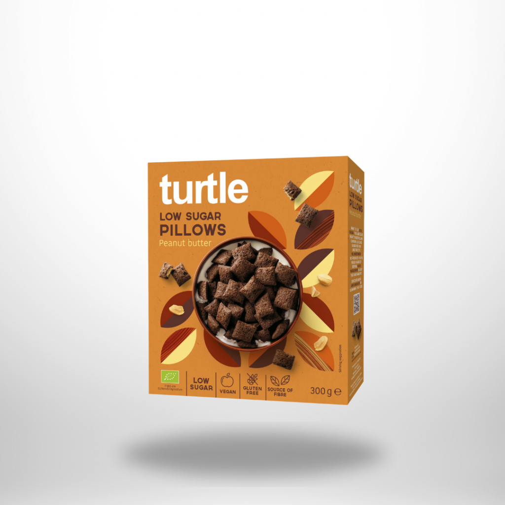 Orange Turtle-Schachtel „Low Sugar Pillows Peanut Butter“, sichtbar glutenfrei- und vegan-Icons, 300 g.