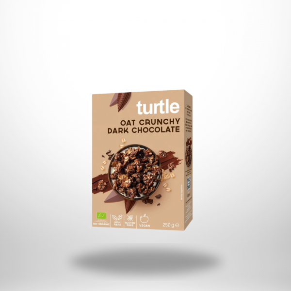 Orange Turtle-Packung „Oat Crunchy Dark Chocolate“ mit Sichtfenster voller schokobrauner Hafer-Cluster (250 g, Bio & glutenfrei).
