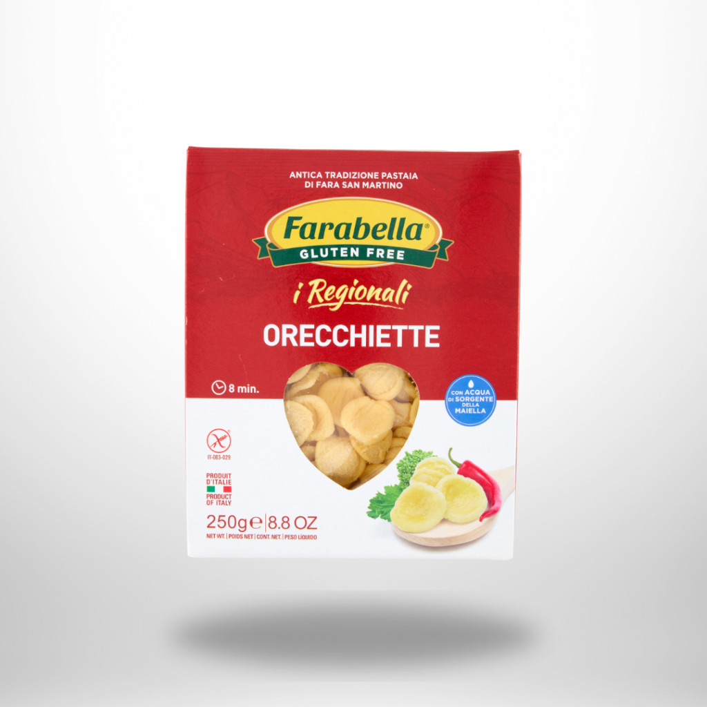 Packung Farabella Orecchiette glutenfrei (250 g) aus Mais- und Reismehl, mit typischer Ohrform und italienischem Design.