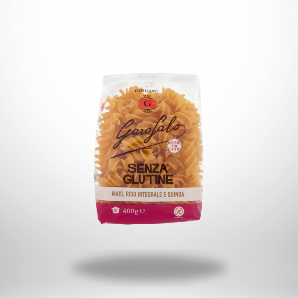 Packung Garofalo Fusillone Glutenfrei (400 g) Spiralnudeln aus Mais-, Reis- & Quinoamehl mit „Senza Glutine“-Kennzeichnung.