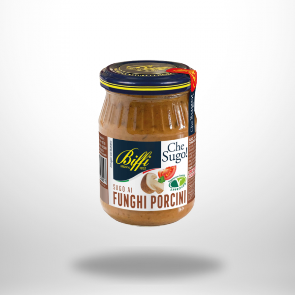 Glas Biffi Sugo ai Funghi Porcini (190 g) mit Etikett „100 % vegetale“, „senza aglio“ und „gluten free“.
