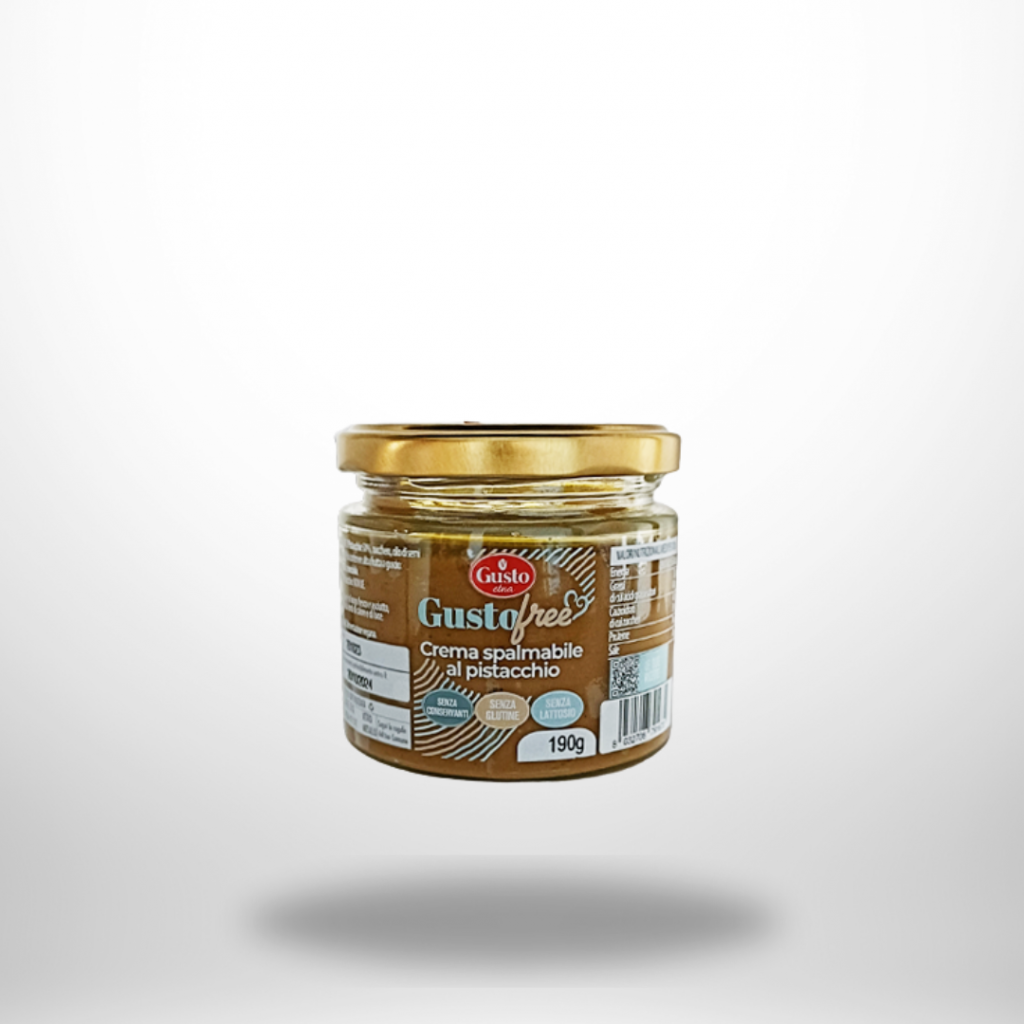 Glas Etna Crema Spalmabile al Pistacchio (190 g) mit Pistazienmus, „senza glutine e senza lattosio“-Label.