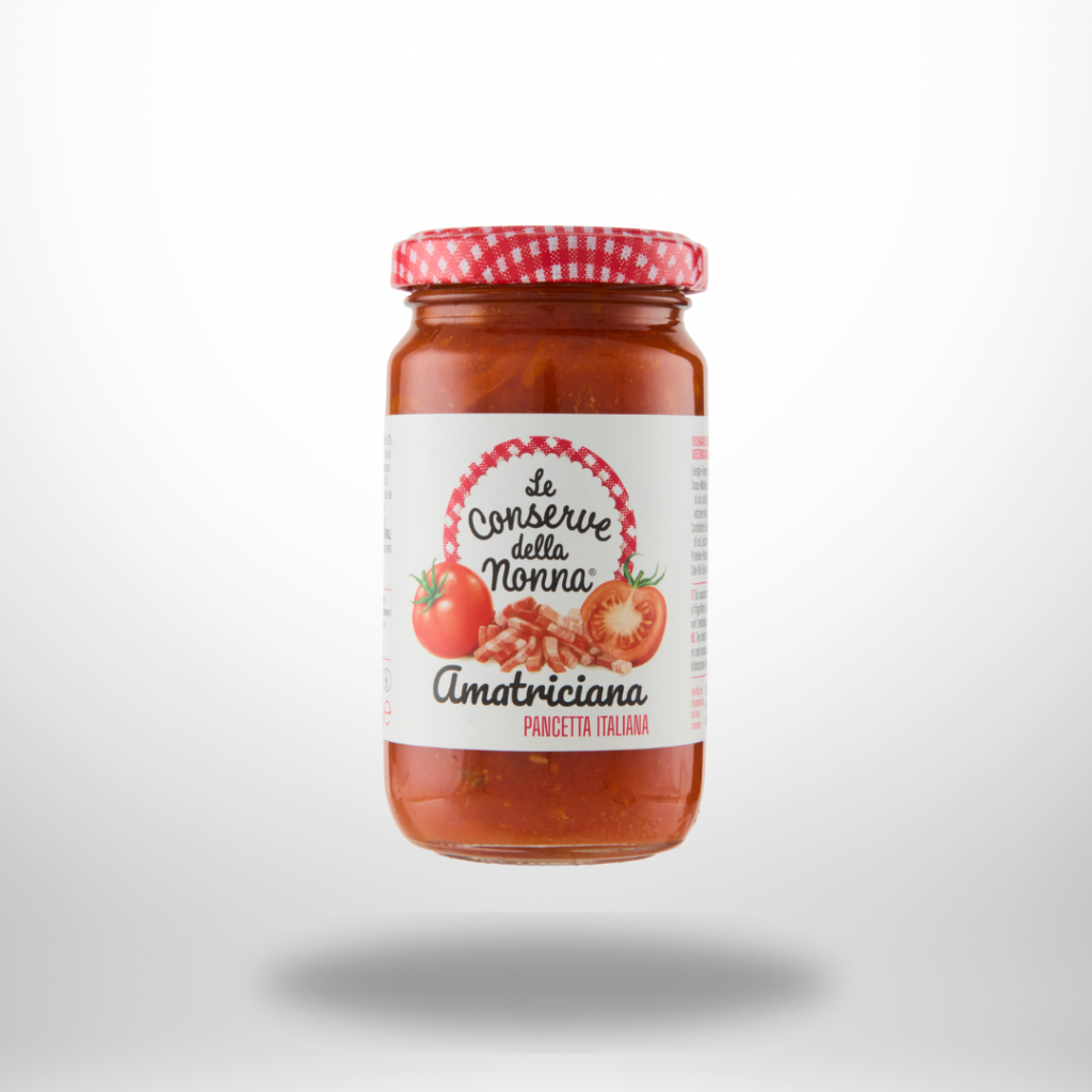 Glas Le Conserve della Nonna Sugo all’Amatriciana (190 g) mit servierfertiger Tomatensauce und Pancetta, „Senza Glutine“-Label.