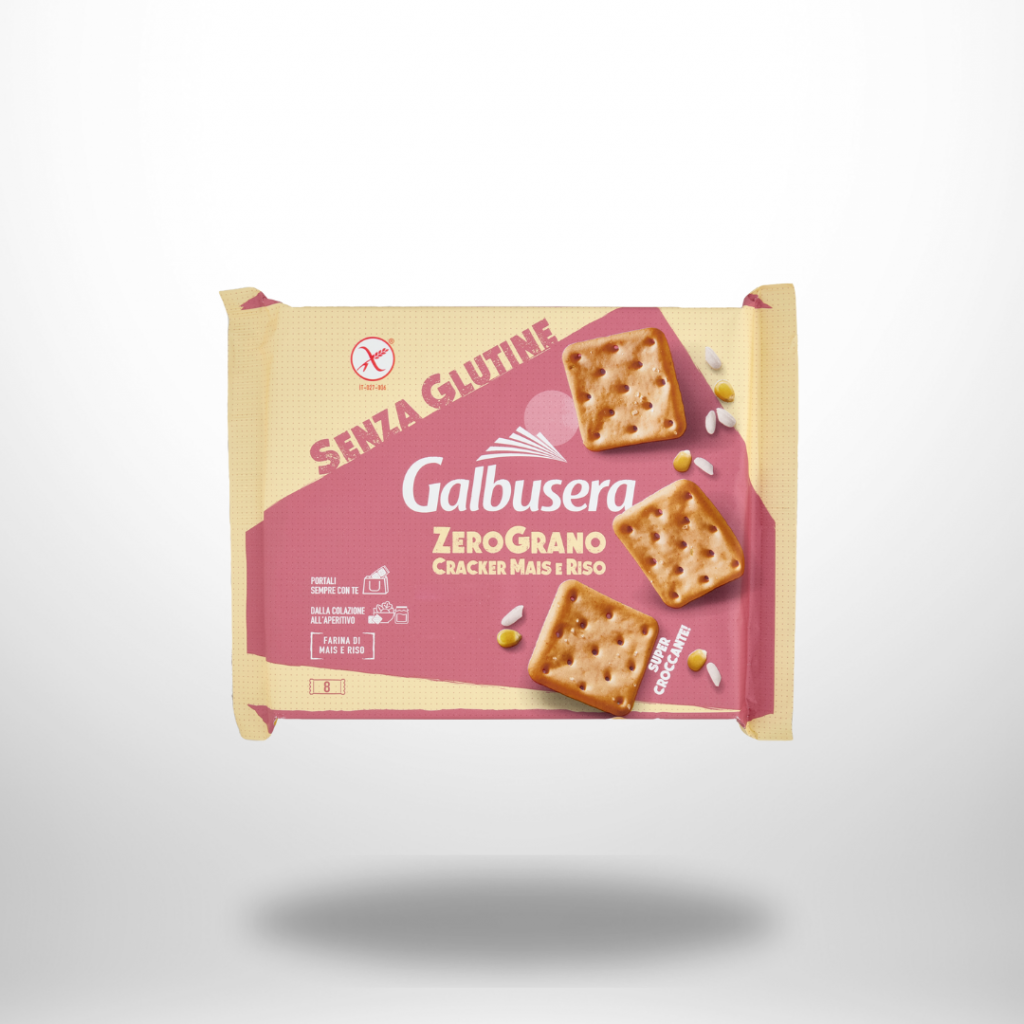 Packung Galbusera Zerograno Cracker (320 g) mit Abbildungen knuspriger Mais‑Reis‑Snacks auf hell background, „Senza Glutine“.
