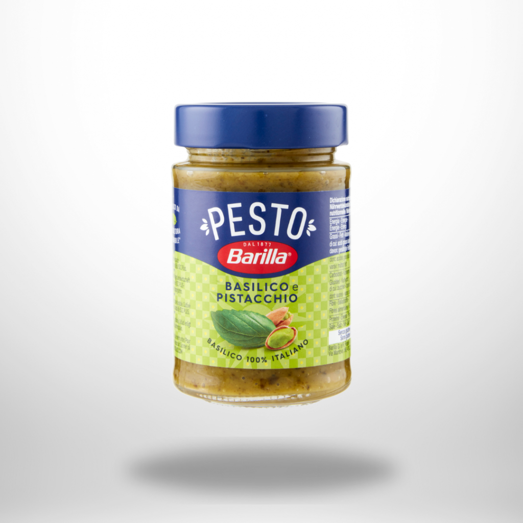 Glas Barilla Pesto Basilico e Pistacchio (190 g) mit Basilikum-Pistazien-Pesto, glutenfrei gekennzeichnet.