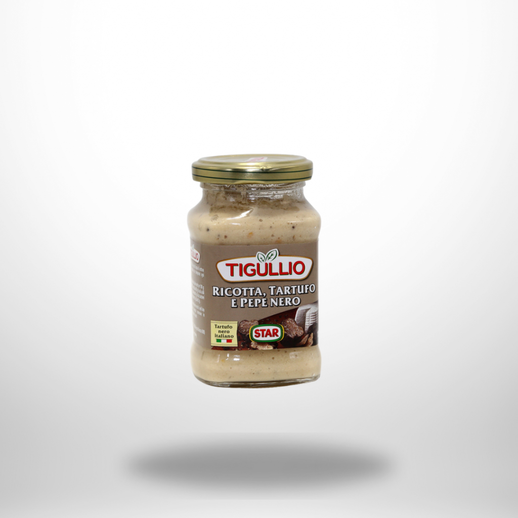 Glas Tigullio Gran Pesto Ricotta, Tartufo e Pepe Nero (185 g) mit glutenfreiem Gourmet-Pesto aus Trüffel, Ricotta, Champignons und Pfeffer.