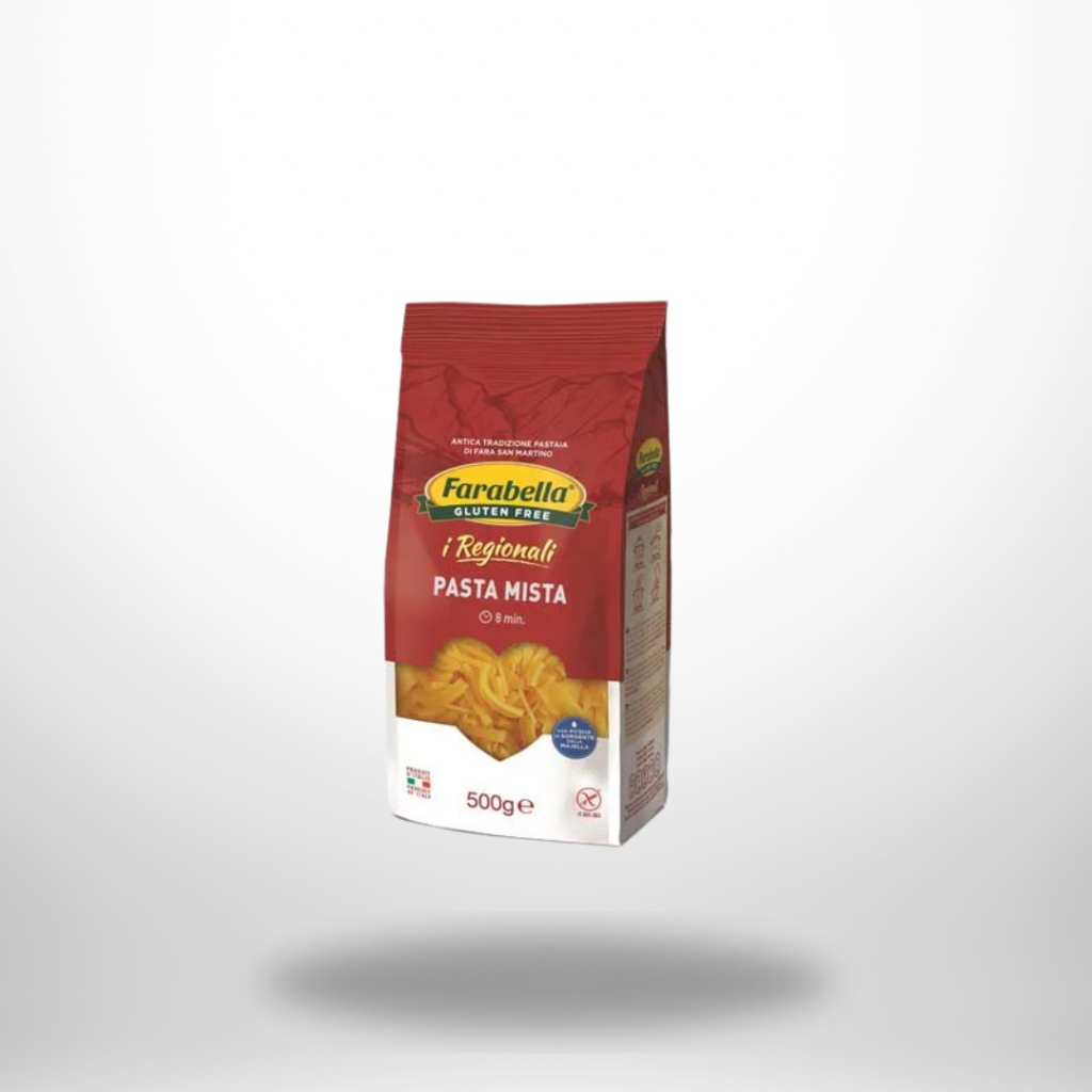 Packung Farabella Gemischte Pasta glutenfrei (500 g) mit Ansichten verschiedener kurzer Pastaformen aus Mais- und Reismehl.