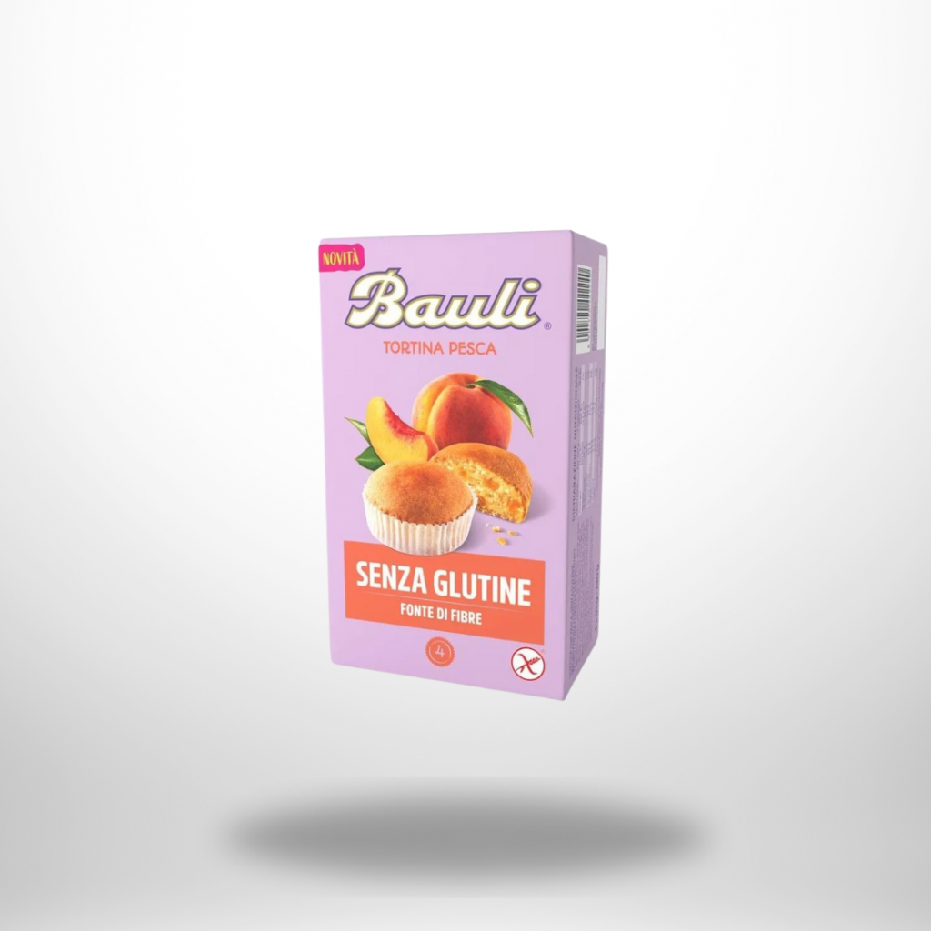 Packung Bauli Tortina alla Pesca (140 g, glutenfrei) mit fluffiger Törtchenform und Pfirsichstückchen, lila Karton.