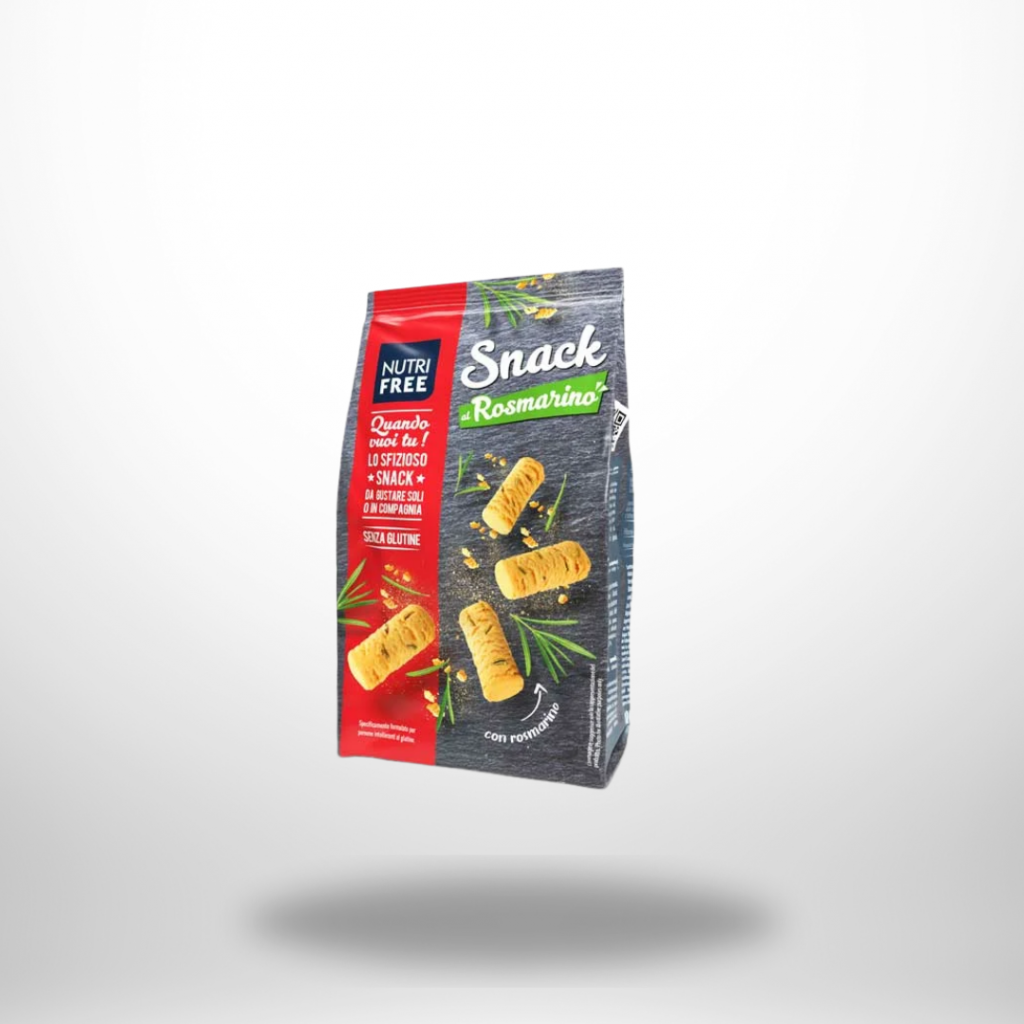 Anthrazit-roter 100-g-Beutel „Nutrifree Snack gusto Rosmarino“ mit goldenen Spiralen und Rosmarinzweigen; glutenfrei-Logo gut sichtbar.