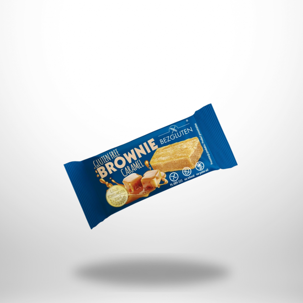Blaues 40-g-Päckchen „Bezgluten Brownie Caramel“ mit goldbraunem Brownie-Abbild und Karamellwürfeln; glutenfrei-Icons sichtbar.