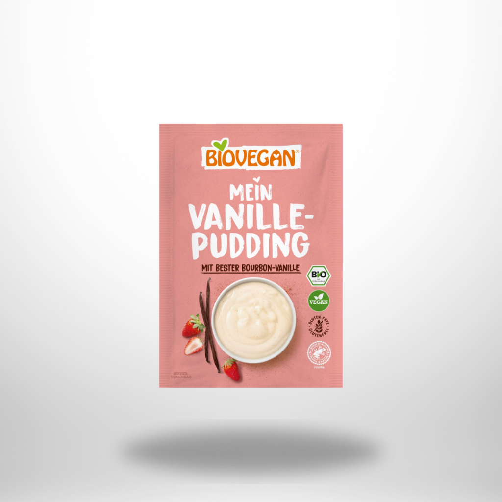 Rosa Beutel „Biovegan – Mein Vanille-Pudding“ mit Dessertabbildung und Bio-/Vegan-Siegel.