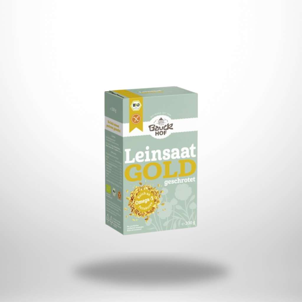 Hellgrüne 200-g-Packung „Bauckhof Leinsaat Gold geschrotet“ mit Schale Müsli-Topping auf der Vorderseite.