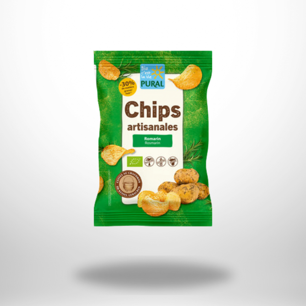 Grüne 120-g-Packung „Pural Chips Rosmarin & Meersalz“ mit Kartoffel- und Rosmarin-Abbildungen, EU-Bio-Logo, glutenfrei-Symbol.