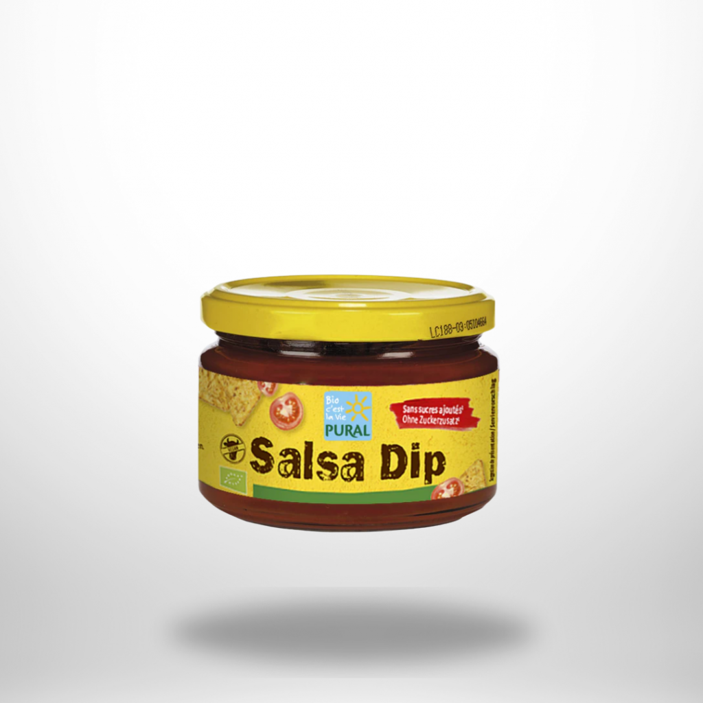 260-g-Glas Pural Salsa Dip mit roter Tomatensalsa; Etikett zeigt Tomaten, Paprika und Bio-Siegel.