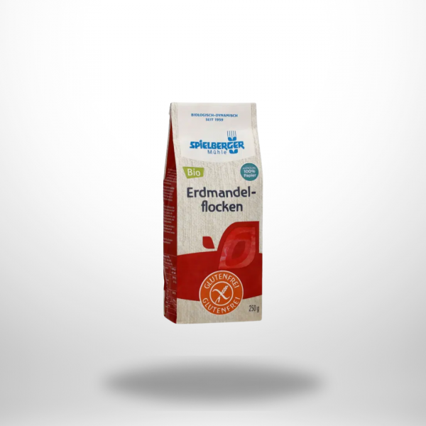 Rot-Beige 250-g-Packung mit Aufschrift „Erdmandelflocken glutenfrei“.
