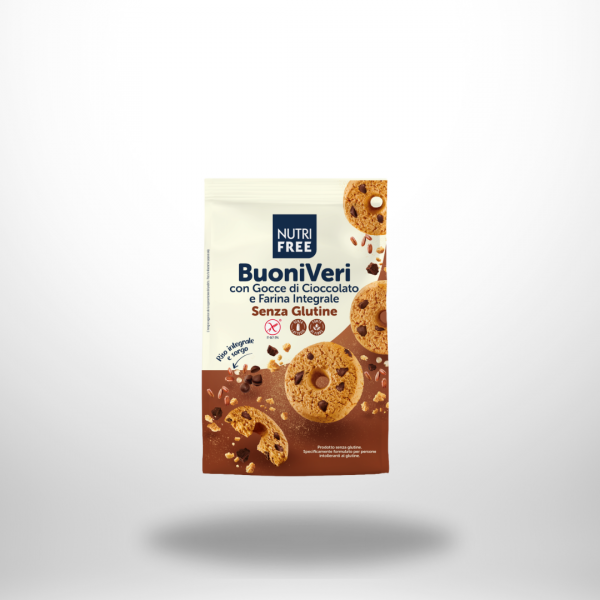 Beige-braune 250-g-Packung „Buoni Veri con gocce di cioccolato e farina integrale“, runde Ringkekse mit sichtbaren Schoko-Drops.
