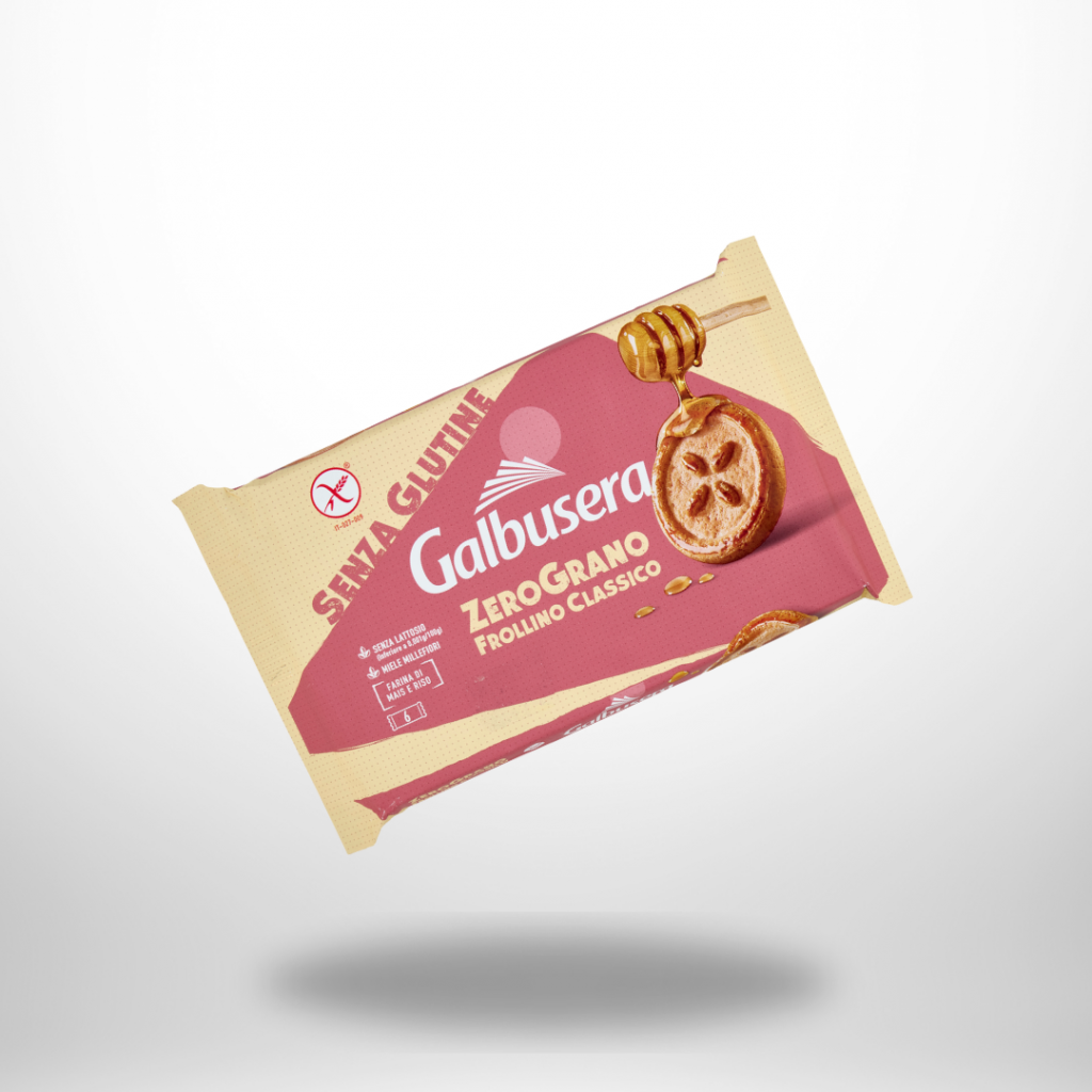 Hellrosa 220-g-Packung „ZeroGrano Senza Glutine – con miele millefiori“ mit Ringkeks-Abbildung und Honigtropfen.