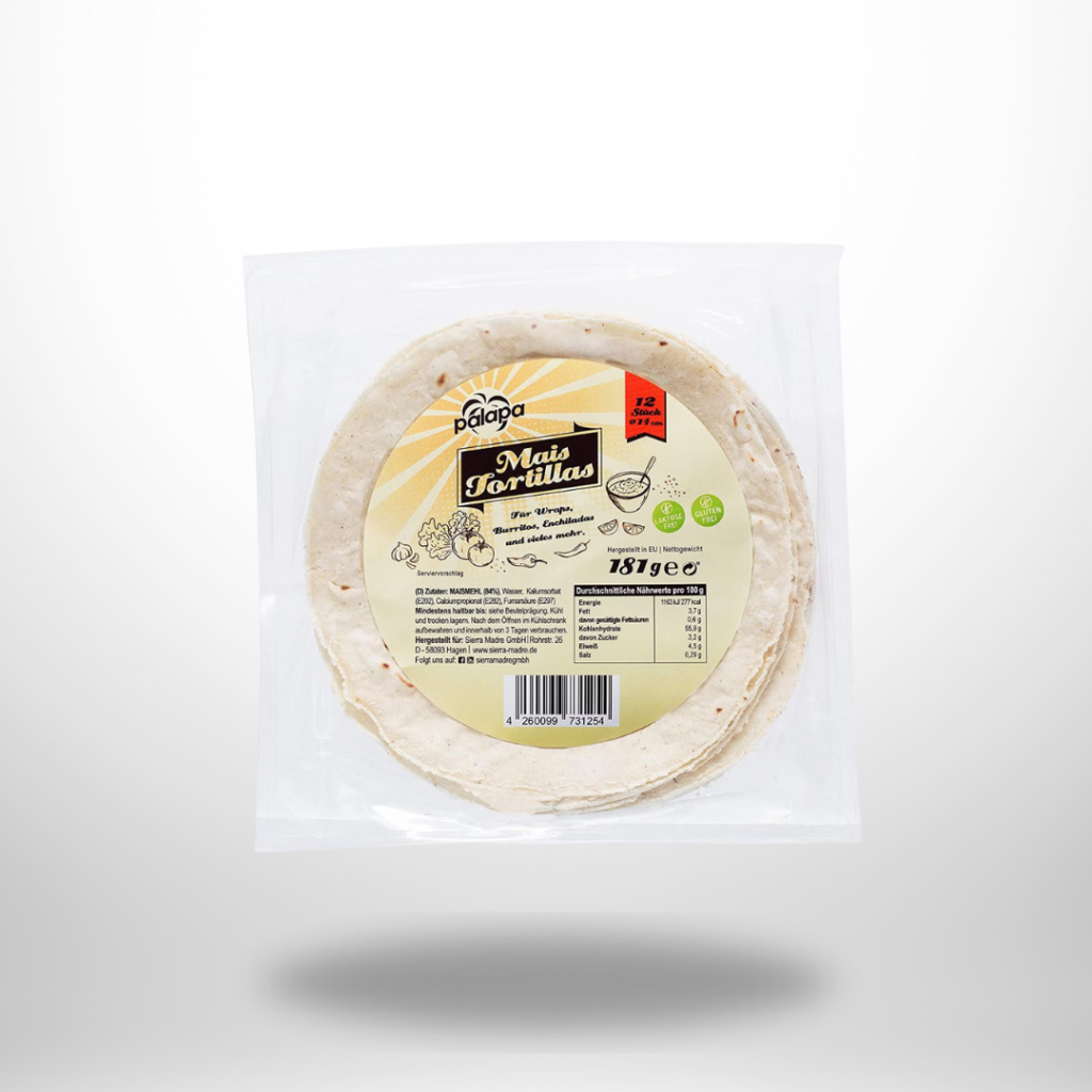 Vakuum­packung Palapa Maistortillas Ø 14 cm mit rotem Label; hellbeige Maisfladen durch Sichtfenster erkennbar.
