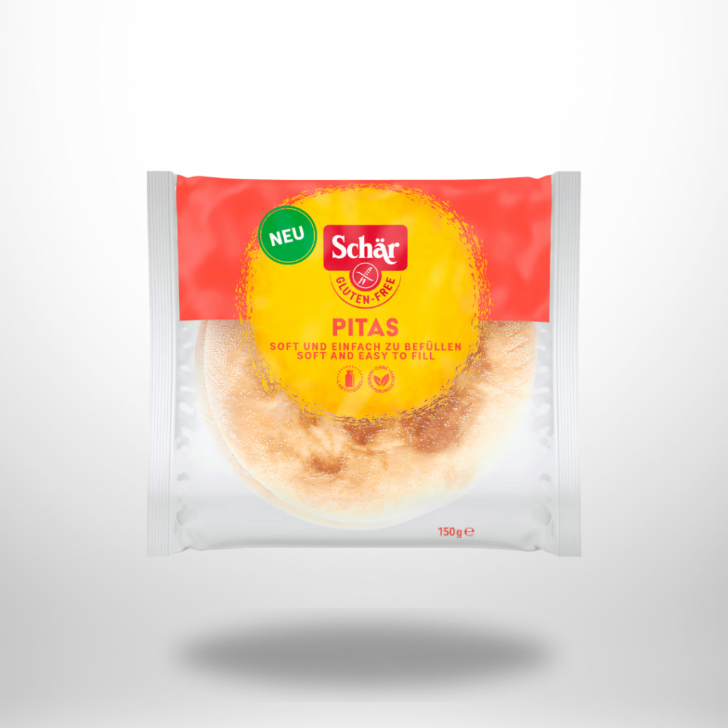 Vakuumverpackung „Schär Pitas gluten free“ 150 g; runde, helle Fladen mit rotem Label.