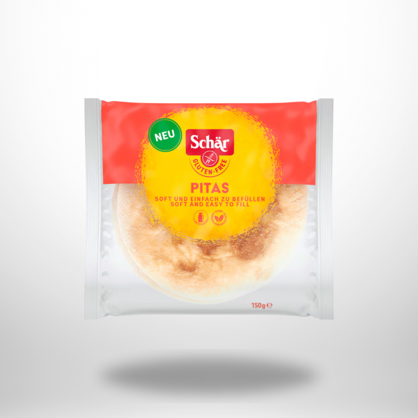 Vakuumverpackung „Schär Pitas gluten free“ 150 g; runde, helle Fladen mit rotem Label.