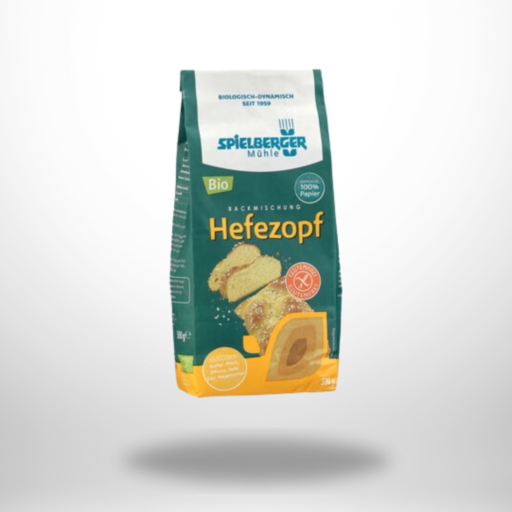 Spielberger Bio Hefezopf Backmischung 500 g: glutenfrei, bio & vegan. Mit glutenfreier Weizenstärke, Rohrohrzucker & Flohsamen – für süßen Zopfgenuss ohne Weizen.