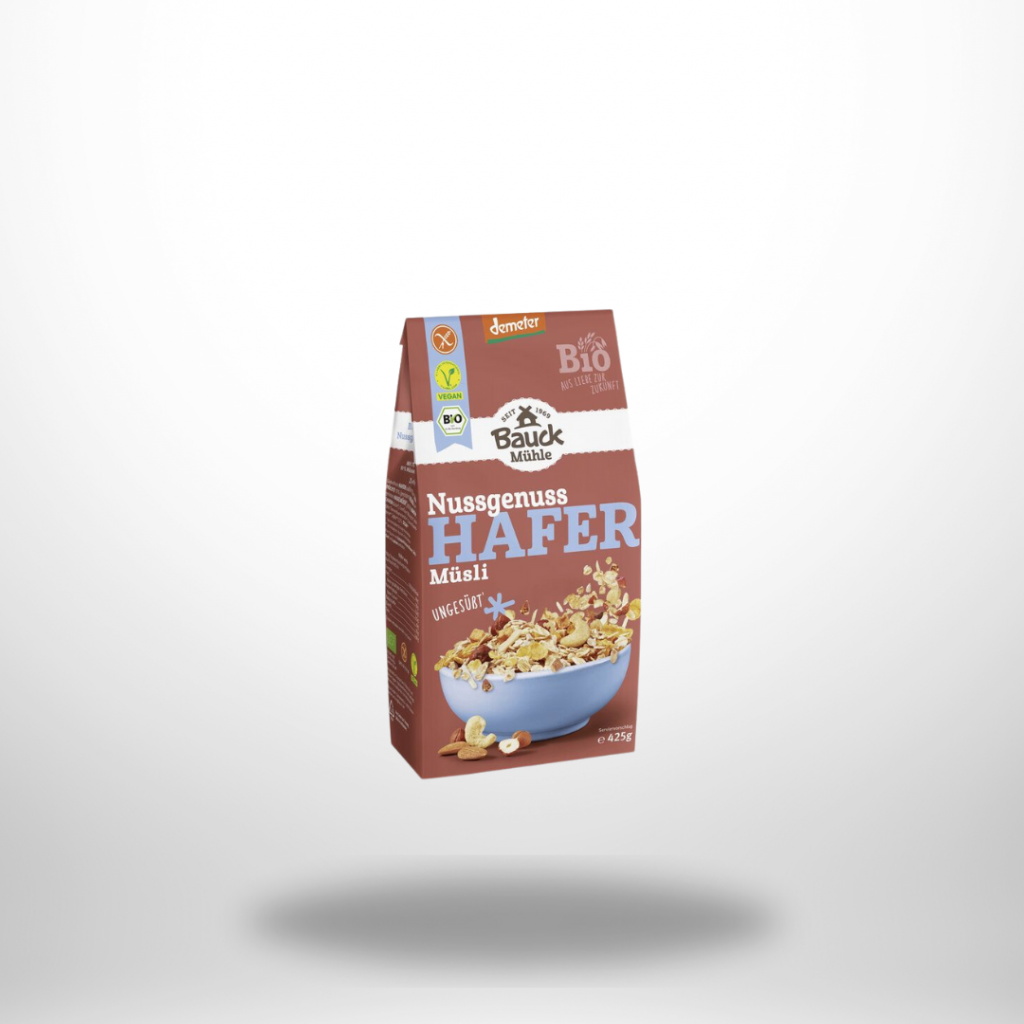 „Bauck Mühle Hafer Knusper Müsli Nussgenuss – glutenfreie Bio-Packung mit Nussmüsli, 425 g.“