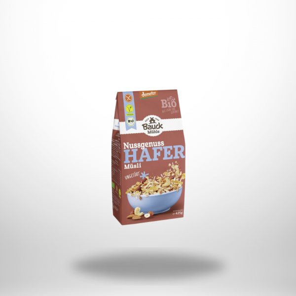 „Bauck Mühle Hafer Knusper Müsli Nussgenuss – glutenfreie Bio-Packung mit Nussmüsli, 425 g.“