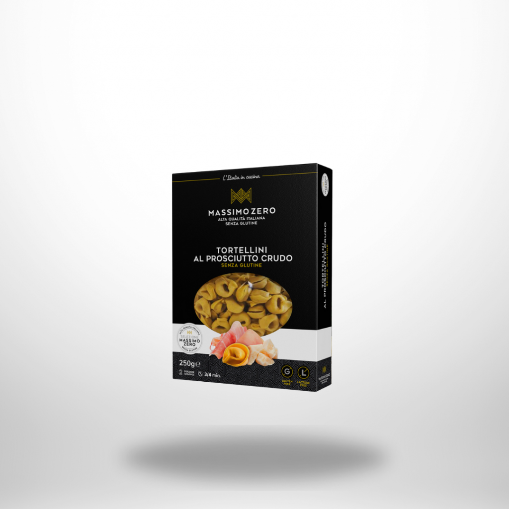 Massimo Zero Tortellini al Prosciutto Crudo – schwarze glutenfreie Pasta-Packung, 250 g