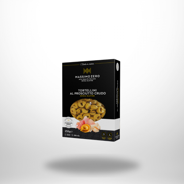 Massimo Zero Tortellini al Prosciutto Crudo – schwarze glutenfreie Pasta-Packung, 250 g