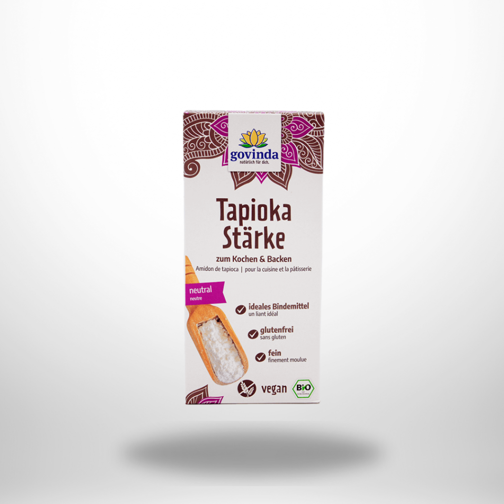Govinda Bio Tapiokastärke – weiße 330g Packung mit grünem Govinda-Logo und Schrift „Bio Tapioka-Stärke“.