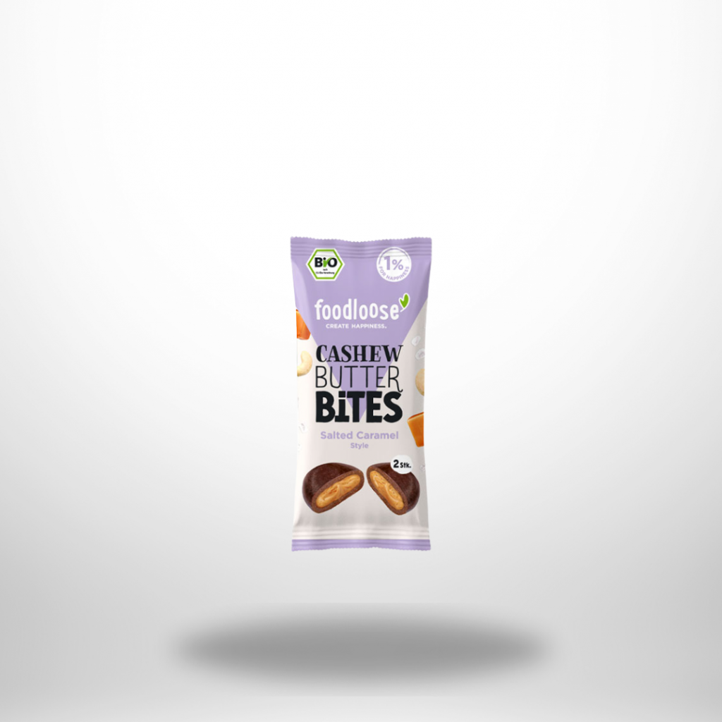 foodloose Salted Caramel Cashew Butter Bites geöffnet – cremige Füllung sichtbar