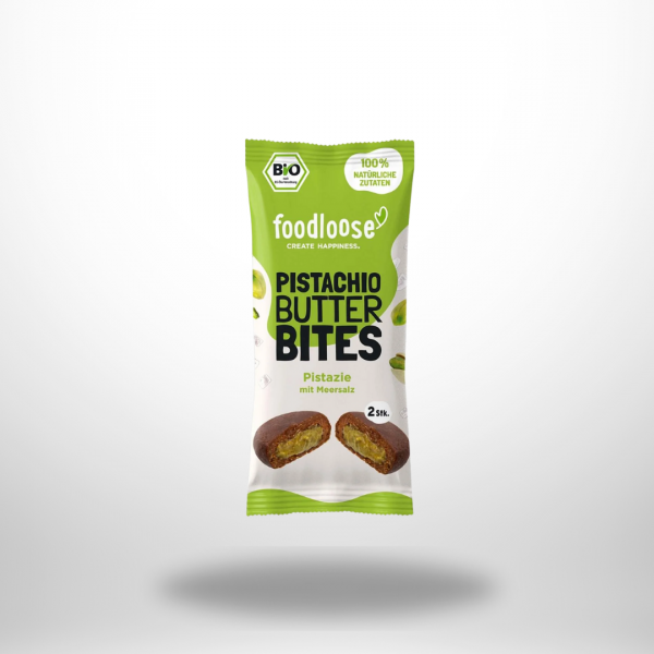 foodloose Pistachio Butter Bites – Vorteilspack mit 20 Dattel-Hafer-Snacks, jeweils mit grüner Pistazienbutterfüllung.