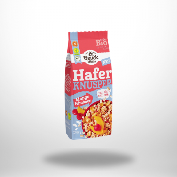 Bauck Mühle Hafer Knusper Müsli Mango & Himbeere – 285 g Bio‑Packung mit fruchtiger Illustration.