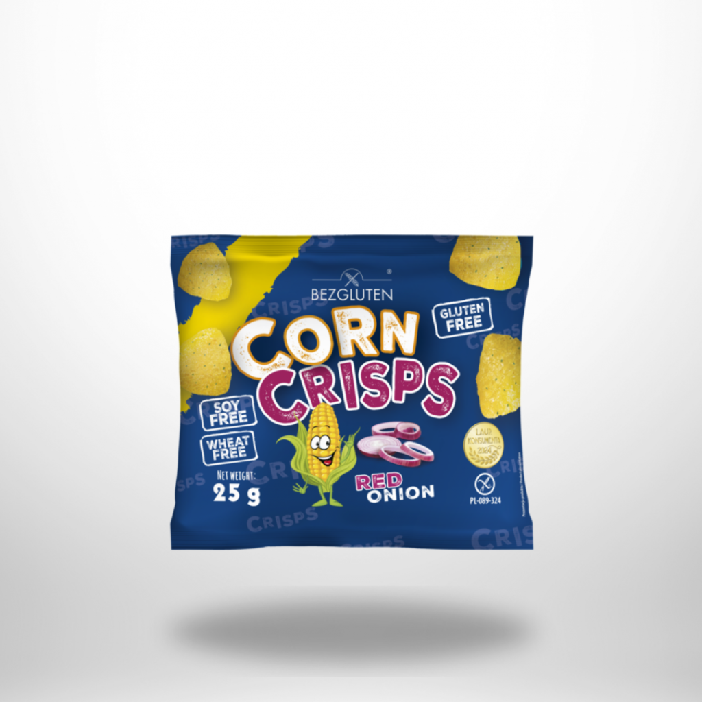Bezgluten Corn Crisps Red Onion 25 g – glutenfreier Maissnack mit rotem Zwiebelaroma