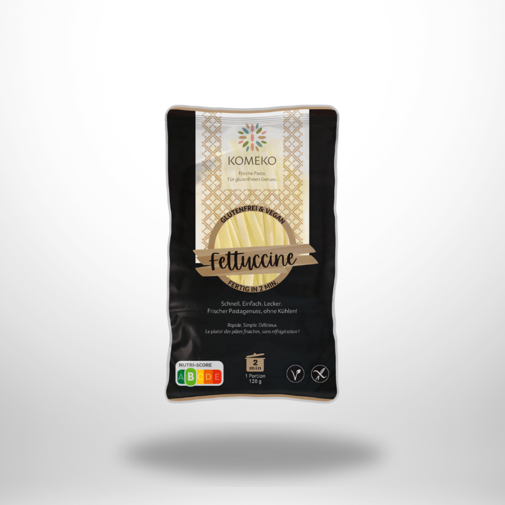 KOMEKO Fettuccine – glutenfreie & vegane Pasta aus Reismehl. Bissfest, schnell zubereitet (2–3 Min.) & lange haltbar. Perfekt für schnellen, authentischen Pastagenuss.