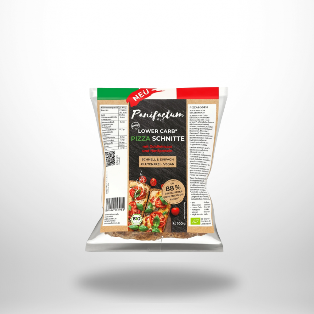 Low Carb Pizza Schnitte BIO – glutenfrei, vegan, 100 g (3 Böden), knusprige Low-Carb-Pizzabasis.