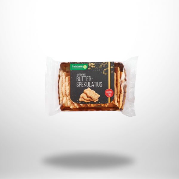 Drei mit Schokolade überzogene Spekulatius-Kekse neben der Produktverpackung
