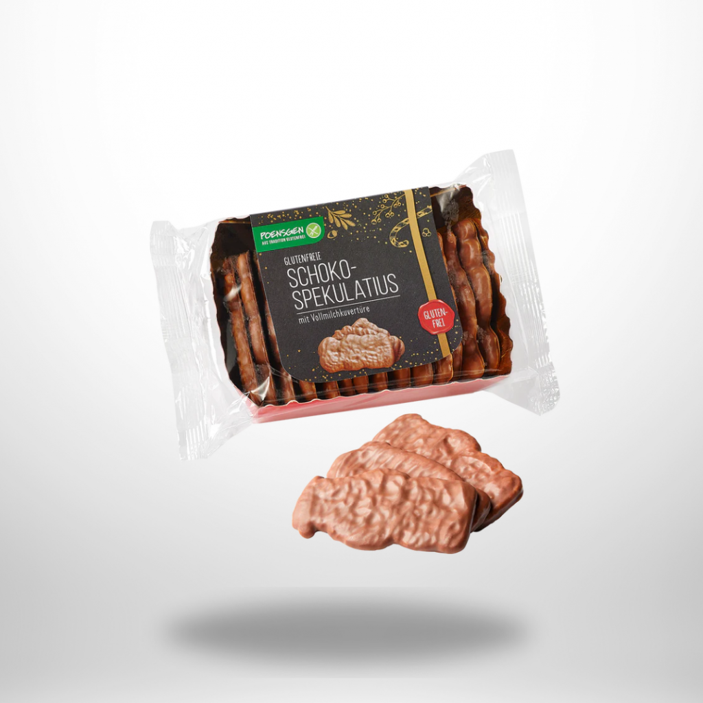 Drei mit Schokolade überzogene Spekulatius-Kekse neben der Produktverpackung