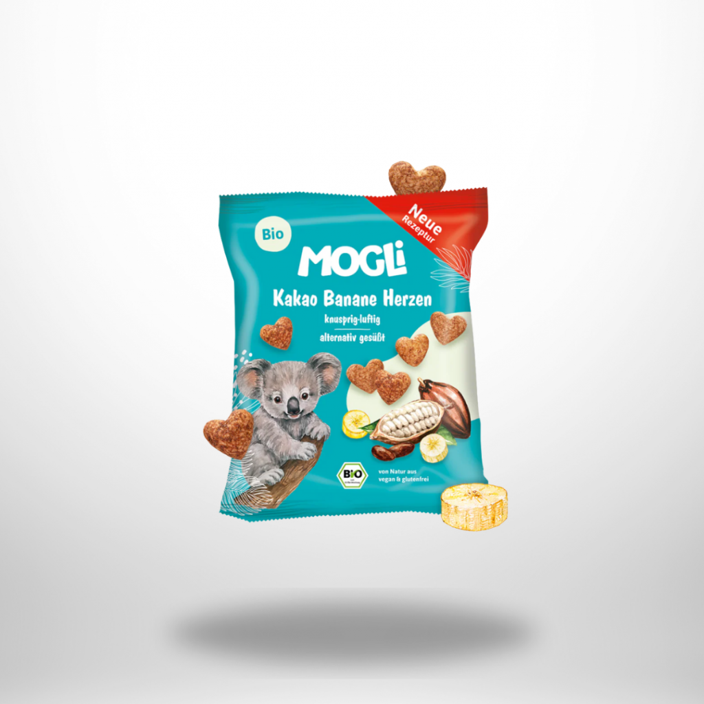 MOGLi Kakao Banane Herzen – knusprige Bio-Snack-Herzen aus Mais mit Kakao und Banane.