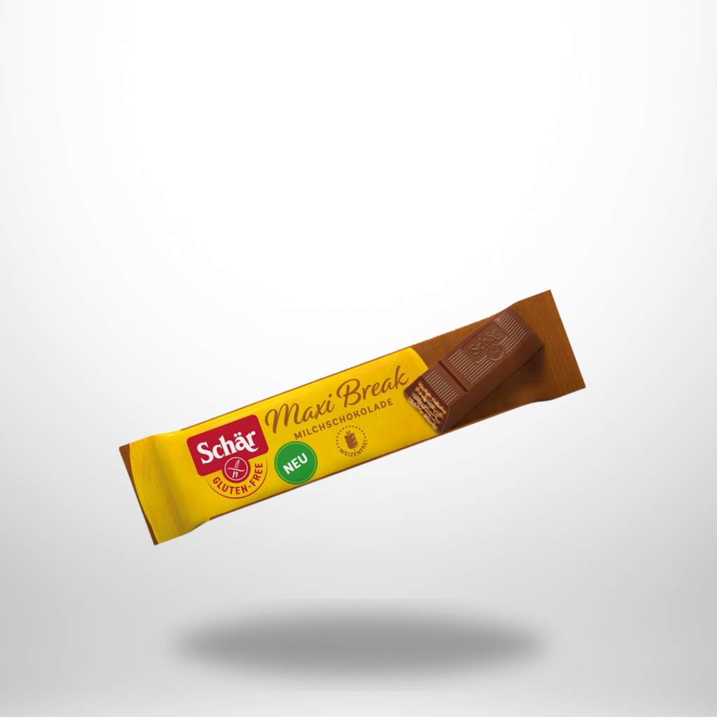 Glutenfreier Schär Maxi Break Riegel – knusprige Waffel umhüllt von zarter Milchschokolade. Perfekt für unterwegs & kleine Genussmomente.