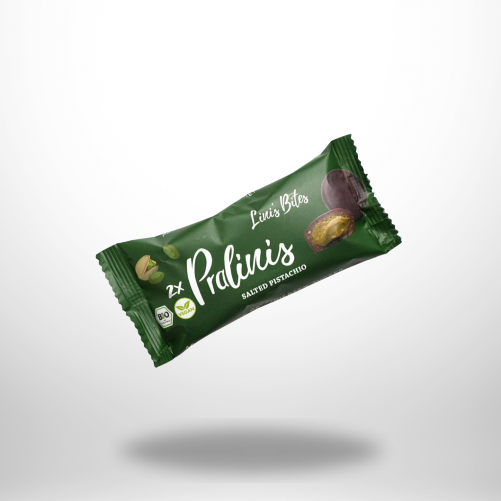 Vegane & glutenfreie LINI’S BITES Pralinis Salted Pistachio – nussig, cremig & leicht salzig. Natürlich süße Dattel-Kugeln in Bio-Qualität.