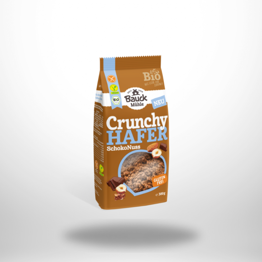 Bauck Mühle Hafer Crunchy SchokoNuss – glutenfreies, veganes Bio‐Müsli mit Haselnuss & Schokolade